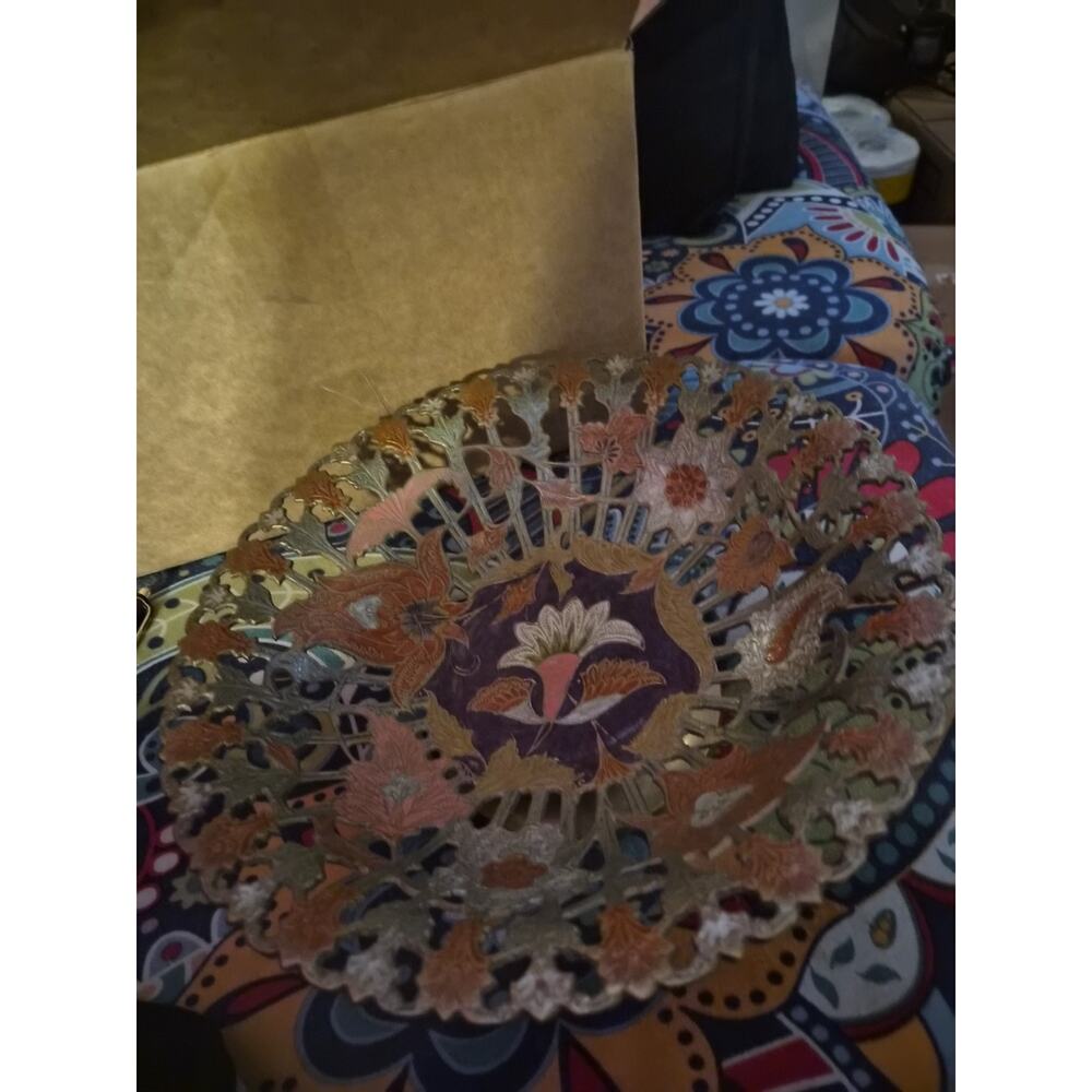 Vintage Brasd Pedestal Bowl With Intricate Open We ork B decorated With Florals